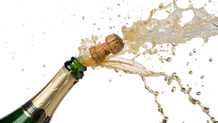Champagne bottle cork popping with splash isolated on transparent background