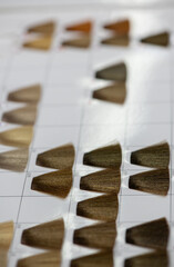 Set of hair samples with different natural color shade.  Close-up of hair color palette with a wide range of color swatches. Hair color samples choice chart for dying hair.  Selective focus.