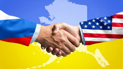A diplomatic handshake between representatives of Russia and the United States over the map of Alaska state​ with flag of Ukraine under the handshake.