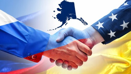 A diplomatic handshake between representatives of Russia and the United States over the map of Alaska state​ with flag of Ukraine under the handshake.