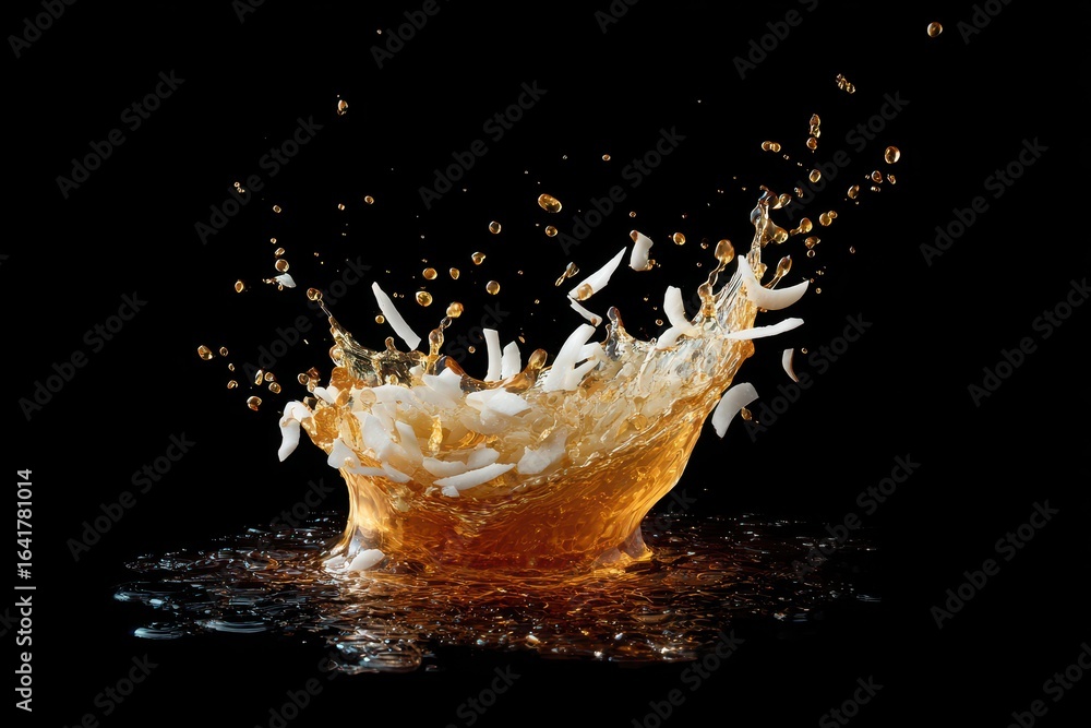 Poster dynamic splash of liquid with droplets and floating elements captured against black background