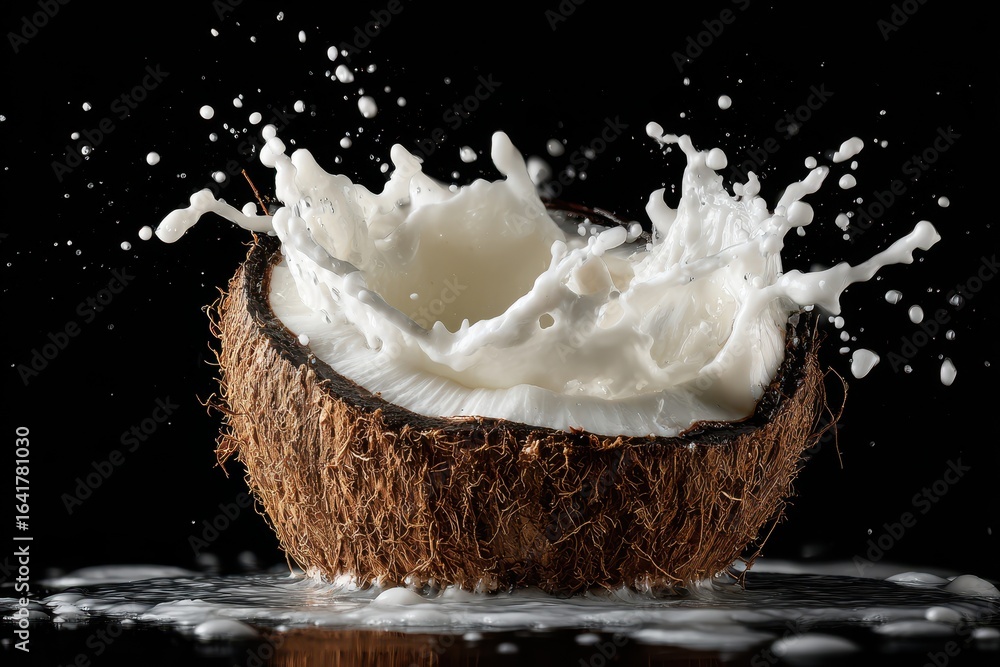 Poster coconut shell bursts with fresh coconut milk creating dynamic splashes against a black background in