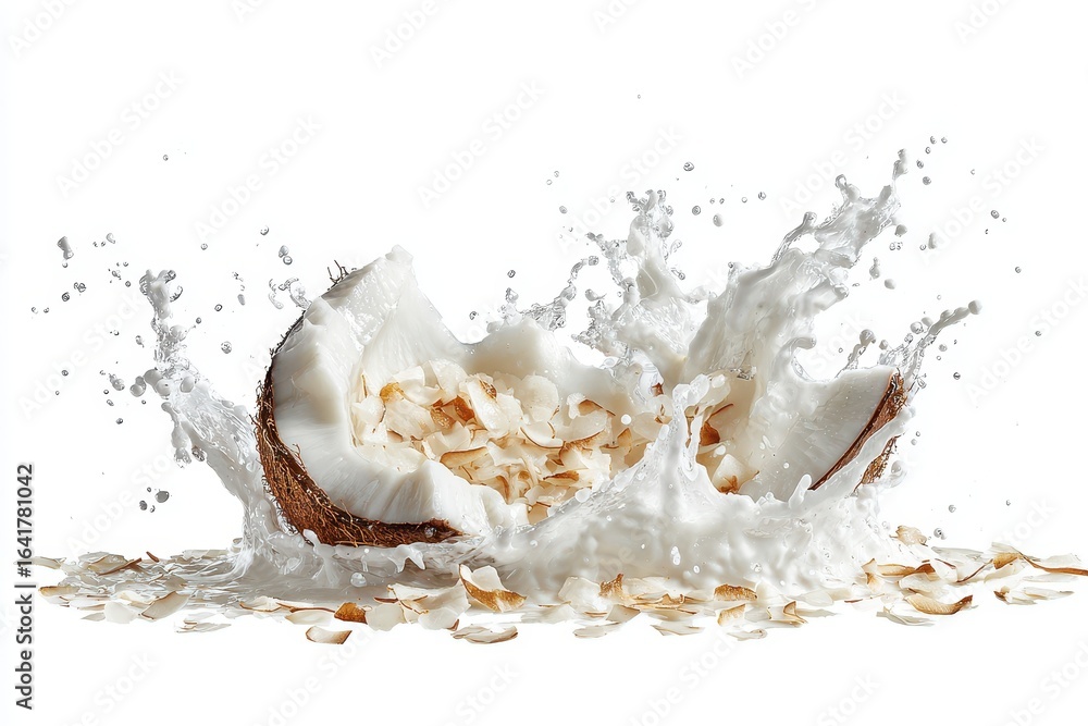 Poster coconut breaks open, splashing water and flakes against a bright background in a dynamic display of 