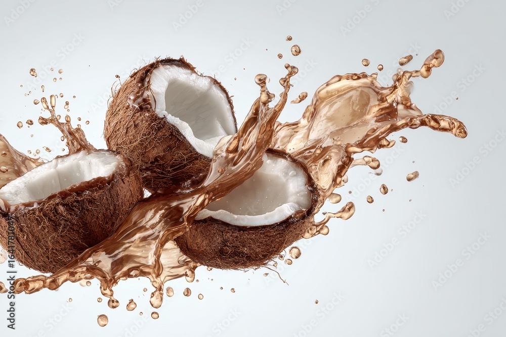 Poster splashing coconut pieces creating an artistic display in a dynamic composition