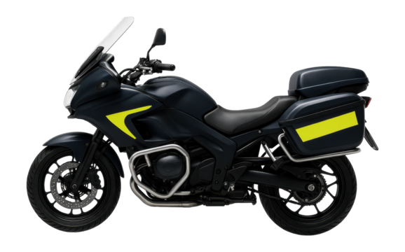 Highway patrol motorcycle with reflective decals and crash bars