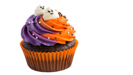 Halloween cupcake with orange and purple frosting decorated with ghosts and sprinkles, isolated on transparent background