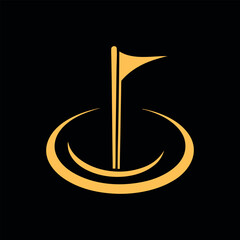 Stylized golden golf flag and hole on black background