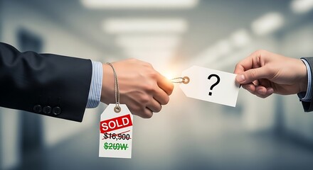 Negotiation with sold tag and question mark tag business deal price reduction