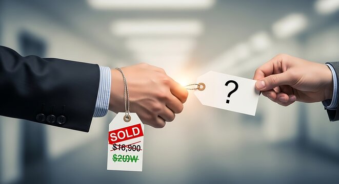 Negotiation with sold tag and question mark tag business deal price reduction