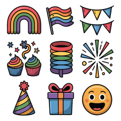 Fototapeta premium Collection of colorful cartoon icons for celebration and pride events, including rainbow, cupcakes, party hat, gift, fireworks, and emoji, isolated on white background