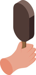 Hand holding chocolate covered ice cream on stick isometric icon