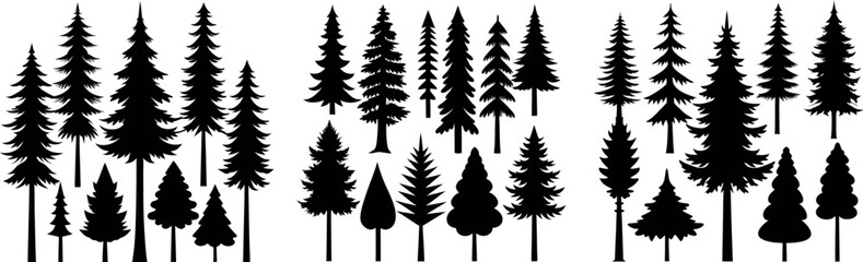 Christmas Tree Silhouettes and Pine Tree Icons Set  Forest Fir Trees and Decorated Holiday Trees Vector Collection