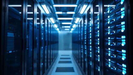 Fototapeta premium Modern data center server rack glowing blue, representing abstract technology in cool ambient light.