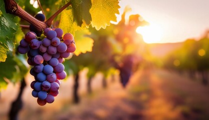 Fototapeta premium Vineyard at Sunset A Cluster of Ripe Grapes Hanging from the Vines