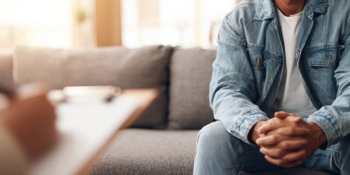 The thoughtful man in a therapy session on a comfortable couch.
