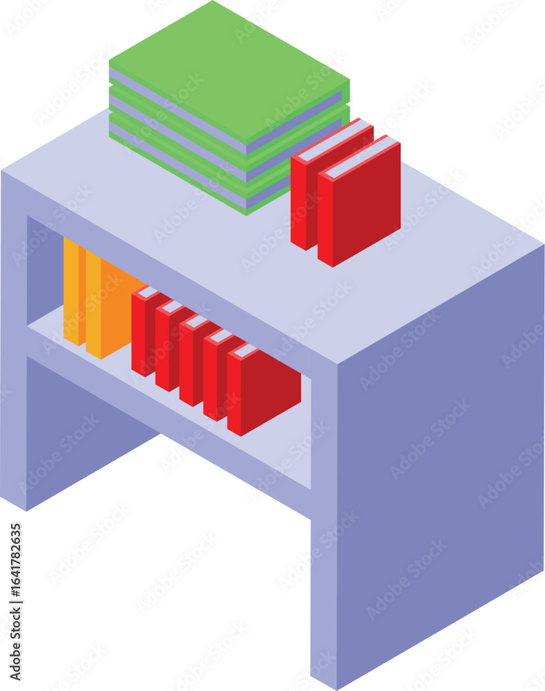 Poster isometric bookshelf displaying colorful books, creating a cozy home library atmosphere