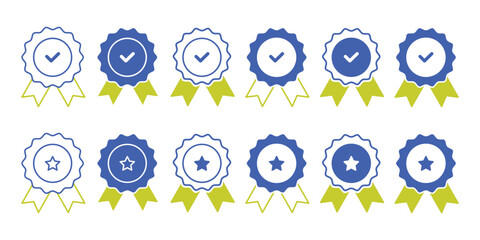 Approval check big icon set. Verified, certified, medal, correct mark, award ribbon, badge, quality certify sign - stock. Approval , verified, quality symbol. Certified, qualified medal icon vector.