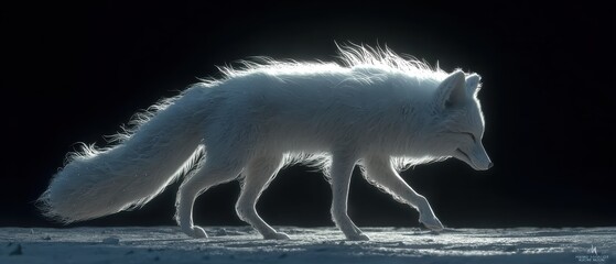 White fox in snowy setting under arctic night sky, perfect for posters, apps, or environmental education.