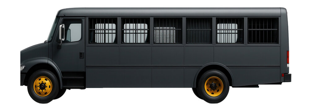 Prisoner transport bus with barred windows and internal partitioning for secure transport