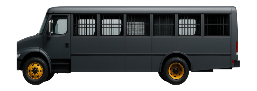 Prisoner transport bus with barred windows and internal partitioning for secure transport
