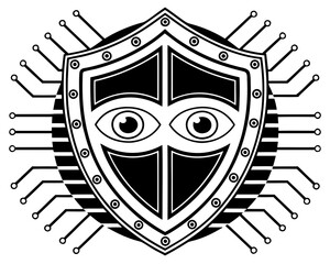 Obraz premium Cybersecurity shield with watchful eyes and circuit board connections