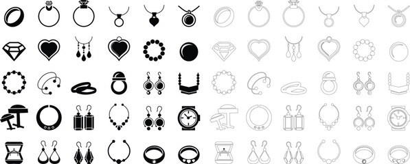Woman's jewelry icon set elegant vector of rings, neckless, bangles, and watches, in minimalist black silhouette style for fashion design accessory branding E-commerce stores luxury boutique for web