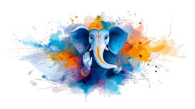 Watercolor illustration of Lord Ganesh on white background - Happy Ganesha Chathurthi