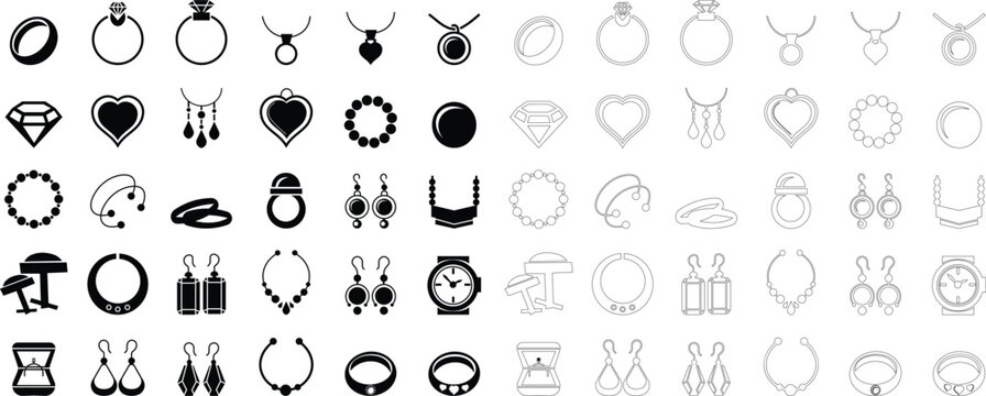 Woman's jewelry icon set elegant vector of rings, neckless, bangles, and watches, in minimalist black silhouette style for fashion design accessory branding E-commerce stores luxury boutique for web