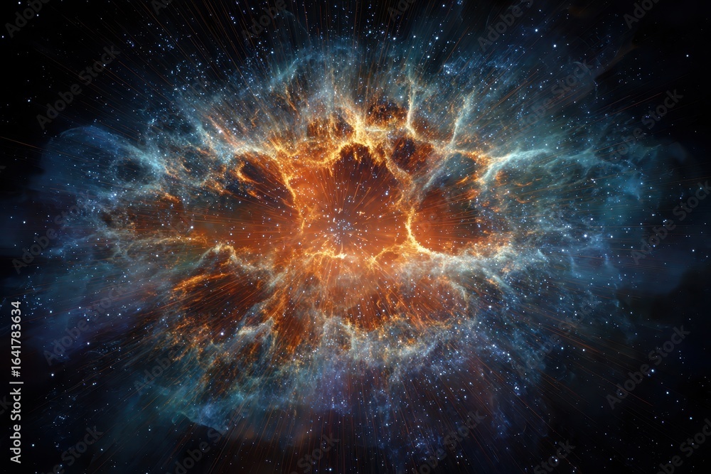 Poster cosmic explosion with vibrant colors and intricate patterns illuminating the universe in deep space