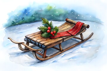 Rustic Wooden Sled with Holly and Red Ribbon in Snowy Scene