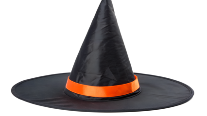 Black witch hat with orange ribbon, halloween costume accessory, isolated on transparent background