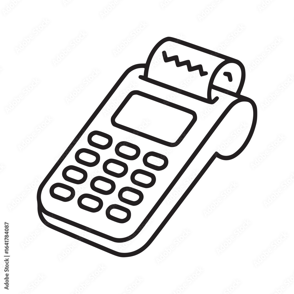 Poster a line drawing of a payment terminal with a keypad and a receipt sticking out of the top edge