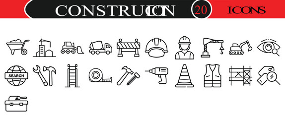 Vector art of set of construction and building icons, isolated on white background