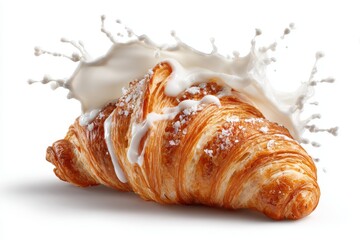 Delicious croissant with milk splash creating an appetizing breakfast scene in a kitchen setting