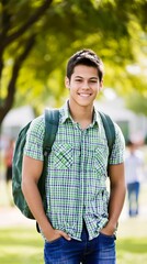Vertical smiling college student campus academic portrait lifestyle