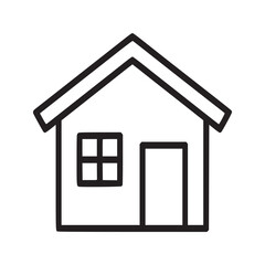 A simple line drawing of a house with a window a door and a roof on a white background image view