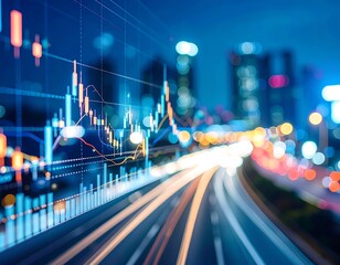 Night cityscape with superimposed stock market graphs showing financial data and fast-moving traffic