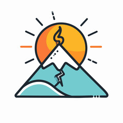 A cartoon illustration featuring a cracked mountain in front of a stylized sun. A flame emerges from the summit