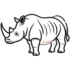 Obraz premium A cartoon illustration of a rhinoceros, defined by thick black outlines. The rhino is white with gray and brown details