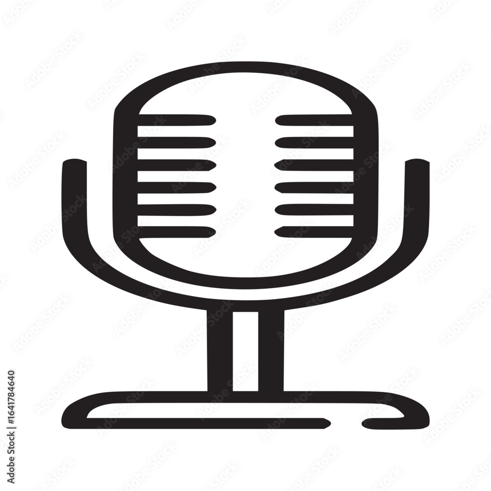 Poster a simple black and white line drawing of a classic microphone on a white background centered in fram