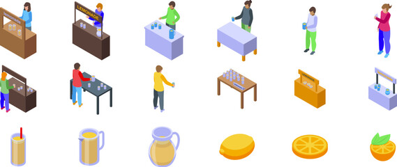 Children selling lemonade icons set. Isometric icons representing lemonade stands, vendors, customers, pitchers, lemons, and oranges, ideal for visualizing summer refreshments and entrepreneurship