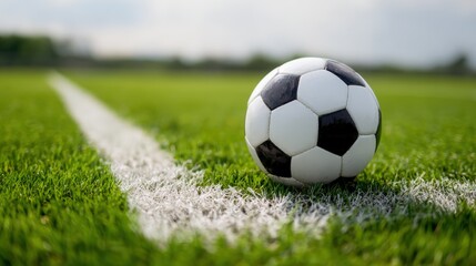 Fototapeta premium Soccer ball resting on the field line, representing teamwork, sportsmanship, competition, and the spirit of the game