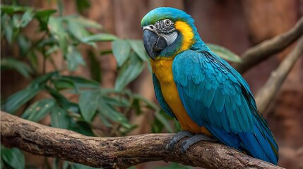 Vibrant blue and yellow macaw parrot perched gracefully on a tree branch in lush green foliage