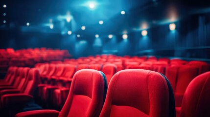 Obraz premium Interior of a Movie Theater with Rows of Empty Red Seats, Dark Background, Cinematic Atmosphere