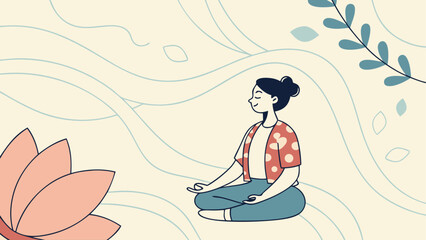Obraz premium Meditating woman with lotus flower and leaves