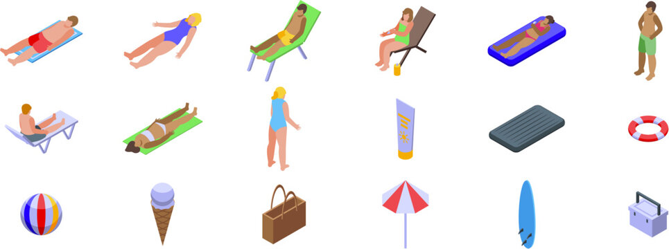People sunbathing icons set. Isometric set of beach elements showing people sunbathing, swimming, playing and relaxing on summer vacation - Powered by Adobe