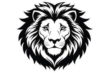An imposing black and white lion's head is depicted with a detailed mane on white