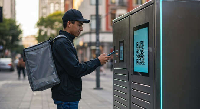 young man interacts with digital kiosk in urban setting, showcasing modern technology