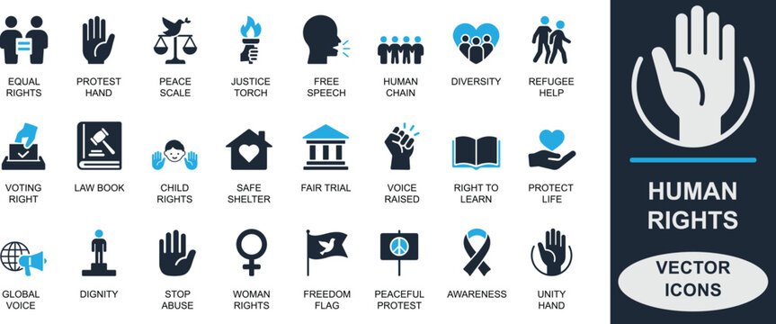 
Minimal human rights icon set featuring justice, equality, freedom, dignity, and protest symbols. Ideal for campaigns, apps, legal aid, education, and awareness projects.