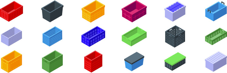 Plastic crate box icons set. Set of colorful plastic basket icons in isometric view, ideal for illustrating storage, organization, shopping, and logistics concepts